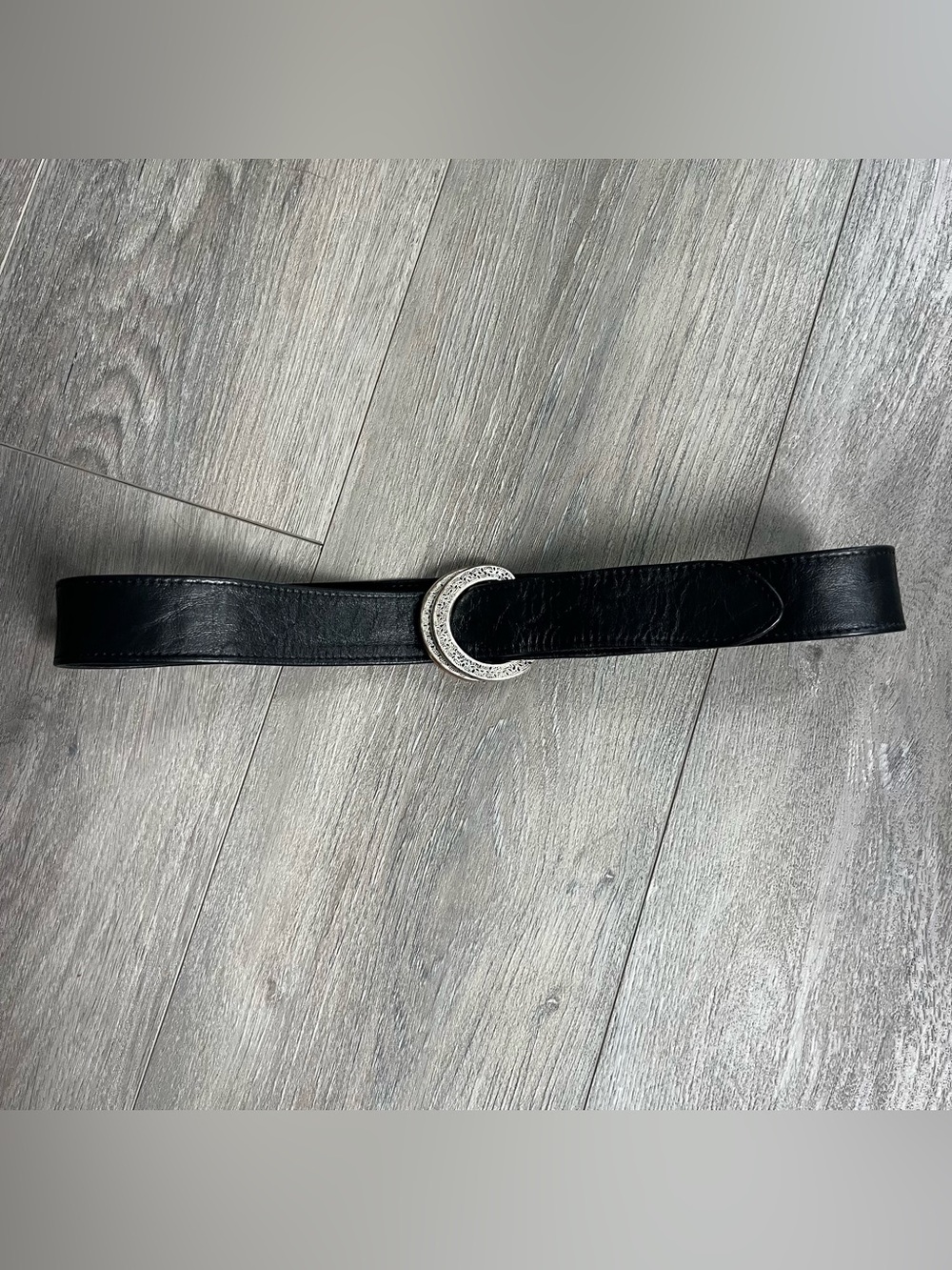 Vintage Black Leather Belt Silver Ring Buckle Boho Western S/M